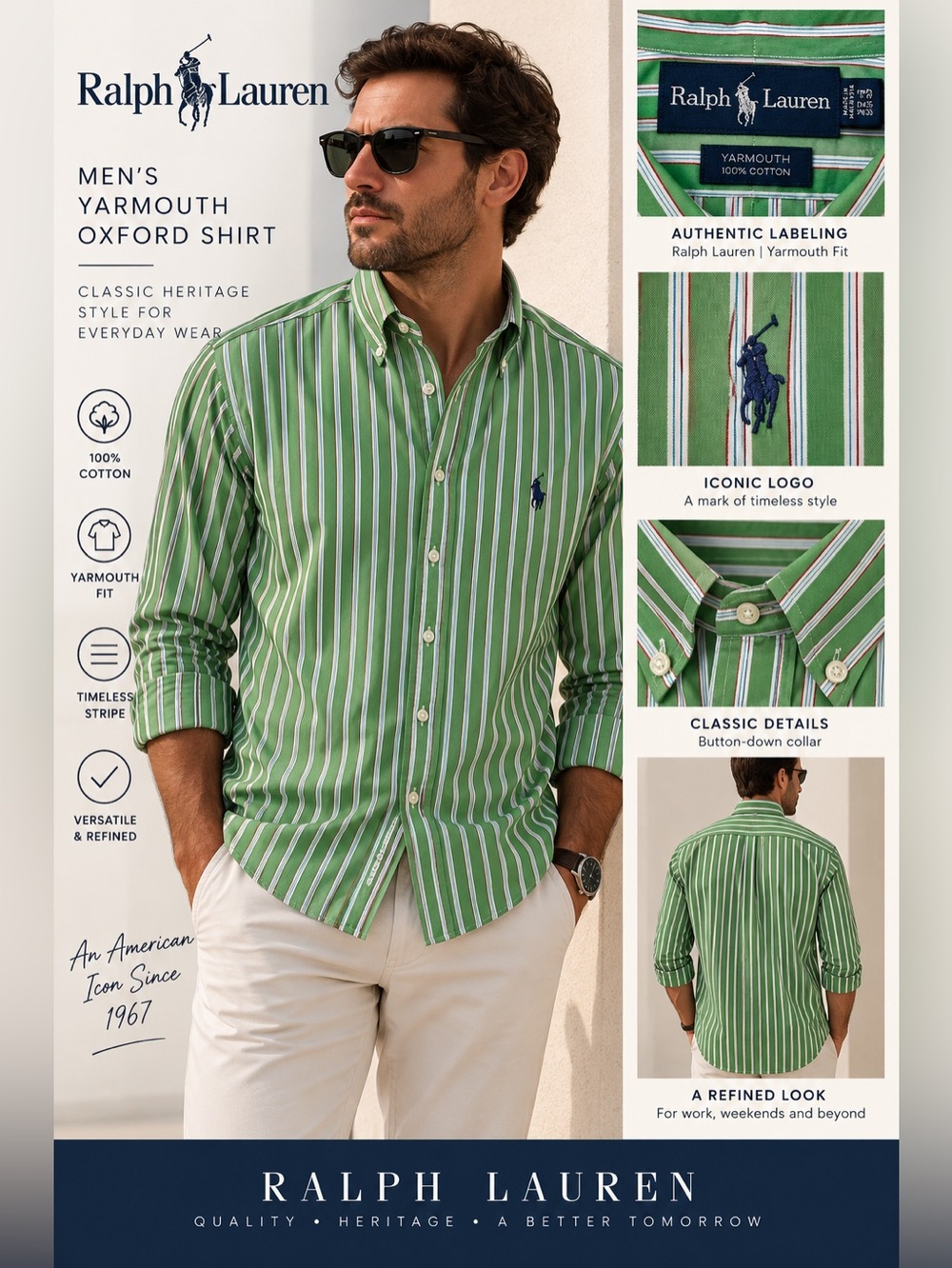 Ralph Lauren Green and White Striped Button-Down Shirt